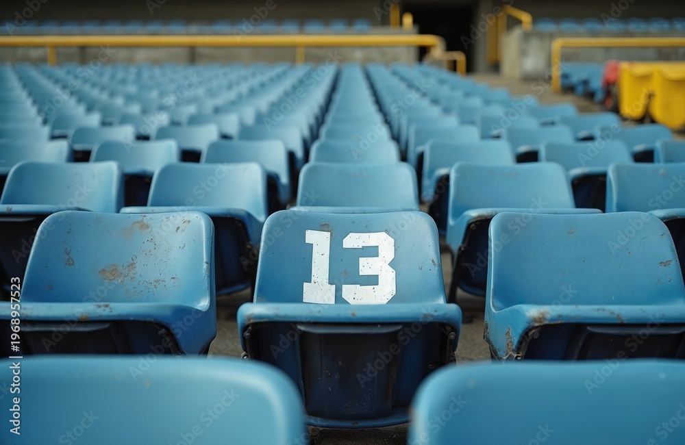 Naklejka premium Empty stadium seats with number 13. Rows of blue plastic chairs face a blurred background. The number thirteen signifies bad luck or superstition. Many empty seats show a vacant arena.