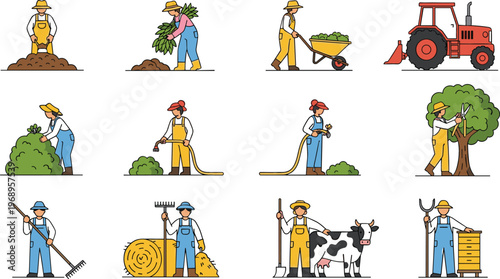 Farmers working vector illustration set with agricultural workers planting, harvesting, hay bale, tractor, cow farming, and beekeeping