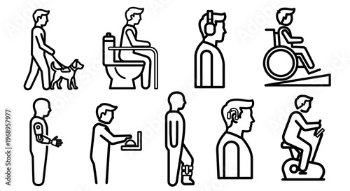 Accessibility disability icons set of 10 with guide dog, hearing aid, prosthetic arm and sensory support