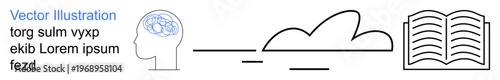 Education, technology, knowledge sharing, cloud storage, artificial intelligence, and digital learning. Simple icons of a brain, cloud and open book. Education and technology concepts
