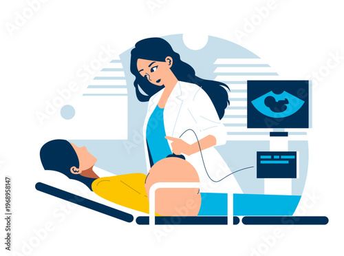 Doctor Conducts Ultrasound Examination Vector Illustration