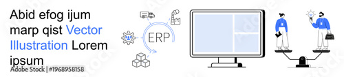 Business operations, data integration, supply chain, software tools, decision making, productivity. ERP system diagram with tools and balanced scale. Business operations and data integration