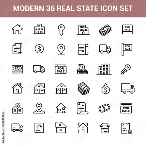 Real estate modern editable line web including the icons as realty, property, mortgage, home loan and more for business solution.