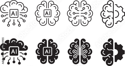AI Brain Icons: A set of eight meticulously designed brain icons, each representing the intricate nature of artificial intelligence and its integration with the human mind and innovation