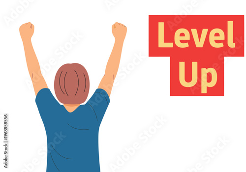 A young adult celebrates success with raised hands, overlaid with 'Level Up' text. Energetic and motivational, perfect for fitness and achievement themes.