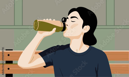 A young Asian woman rehydrates after a gym workout, drinking from a green bottle. Focus on hydration and fitness. Clean, modern style.