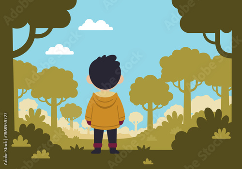 A brave child stands in a forest, gazing into the distance. A vibrant, inviting scene perfect for nature and adventure themes.