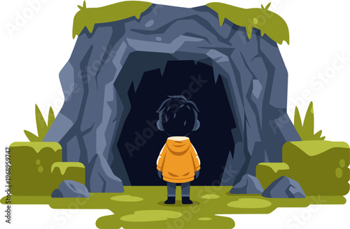A brave child explorer stands before a dark cave entrance, ready for adventure. A vibrant yellow jacket contrasts with the stone setting.  Dramatic and inviting.
