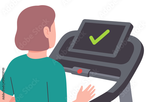 A woman celebrates reaching a fitness milestone on a treadmill, viewing a digital display showing a checkmark. Modern gym setting, vibrant colors, and a feeling of accomplishment.