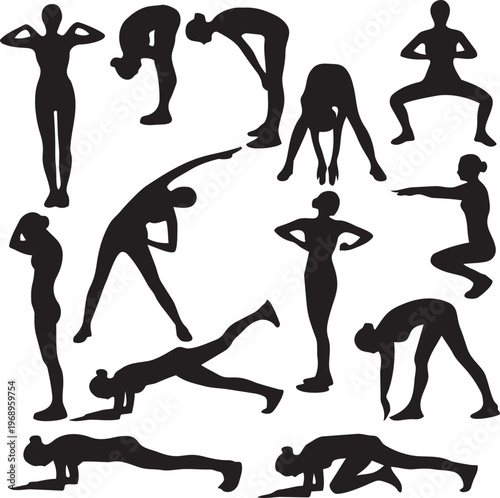 Bodyweight Exercise Silhouettes: A collection of dynamic silhouettes demonstrating a variety of bodyweight exercises, perfect for fitness concepts, wellness, and exercise routines.