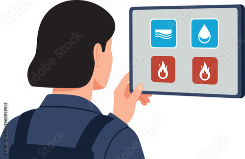 A woman interacts with a thermal monitor display, showcasing cooling system controls. Modern, clean design with intuitive icons. Professional setting.