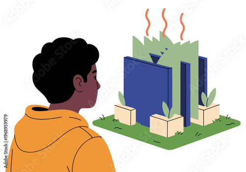 A young man observes a biophilic heat sink education model, integrating nature into a modern building. The image showcases a connection between design and well-being.