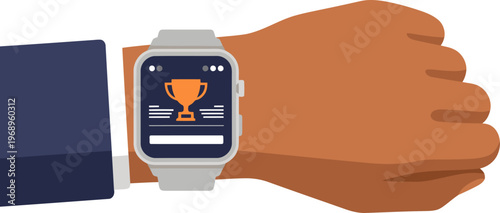 A professional man examines a smartwatch displaying a fitness trophy. Modern, clean design. Focus on health and technology. Suitable for fitness and business concepts.