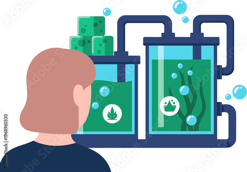 A scientist observes an algae bioreactor generating urban heat. The image showcases a modern, controlled environment with green algae and clear tubing.  Clean, professional aesthetic.