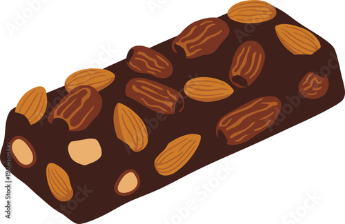 A rustic raw energy bar with dates and almonds sits on a neutral background.  Appealing composition, perfect for food and health marketing. Clean, modern illustration.