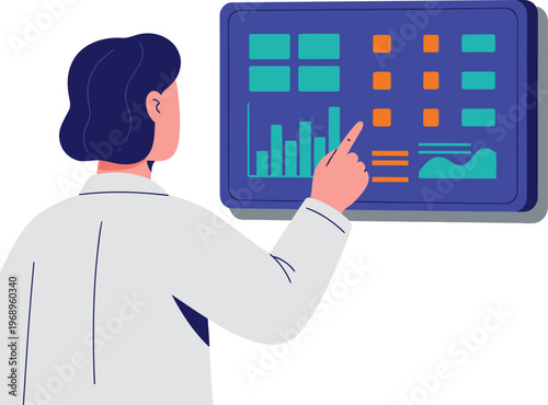 A female scientist analyzes soil nutrient data on a digital display. Modern, clean design with data visualizations. Focus on insightful data analysis.
