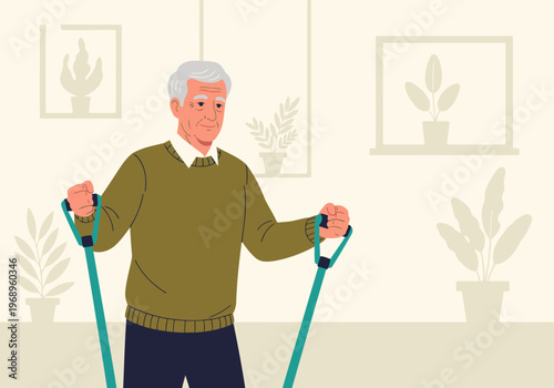 Senior man performs resistance band exercises indoors. Focused and active, promoting senior fitness. Clear composition, bright setting.
