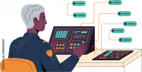 A security guard monitors access nodes from a control panel. Modern, digital security concept. Clean, professional illustration.