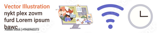 Remote work, online communication, time management, connectivity, virtual meetings, technology. A monitor with people, wireless icon and clock. Remote work and online communication concept