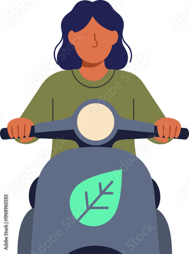 A stylish woman rides a sustainable scooter, delivering with a leaf logo. Modern illustration, perfect for eco-friendly brands and delivery services.