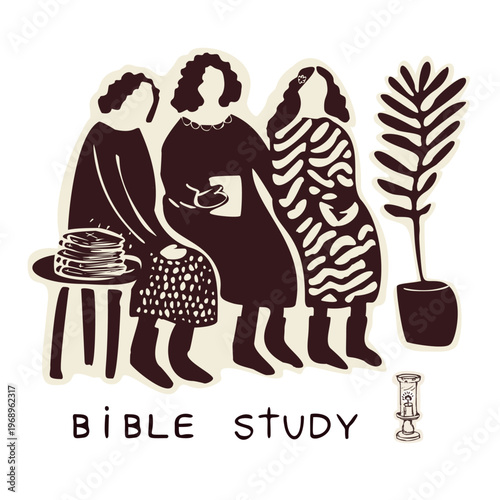 Women's fellowship Bible study group icon. Hand drawn vector motif. Faith based christian religion illustration. Women holding bibles, sitting spiritual community chairs. Contemplative prayer circle.