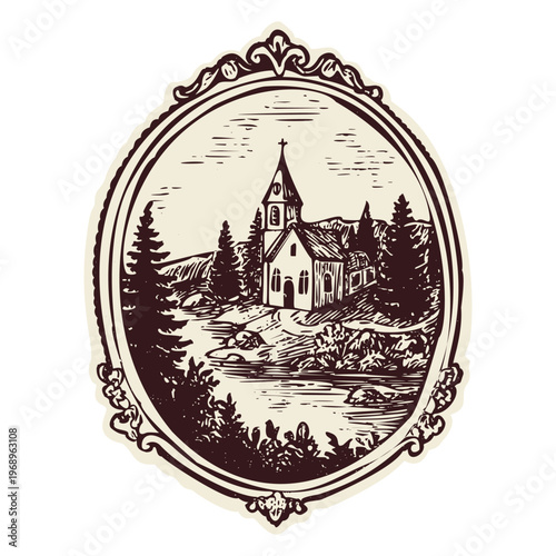 Pilgrims way path to church in frame hand drawn as vector clip art. For catholic pilgrimage to shrine or holy place. Hand drawn frame for pilgrim journey, retreat or religious travel advert.