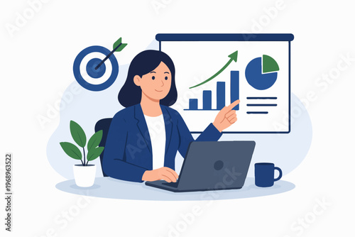 Business analytics presentation concept with woman analyzing charts, data and growth strategy, flat vector illustration