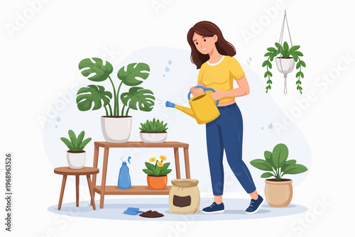 Woman watering houseplants at home, indoor gardening and plant care lifestyle concept, flat vector illustration