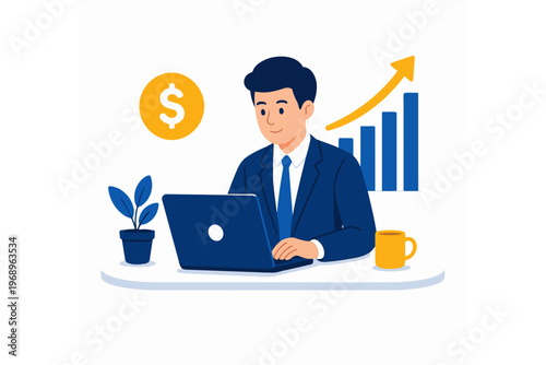 Business growth and financial success concept with man working on laptop, profit increase and earnings, flat vector illustration