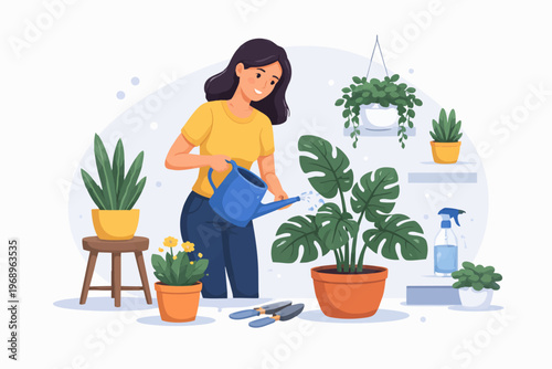 Woman watering houseplants at home, indoor gardening and plant care concept, flat vector illustration