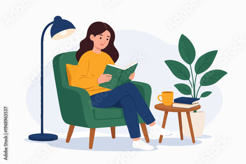 Woman reading book at home in cozy armchair, relaxation and lifestyle concept, flat vector illustration