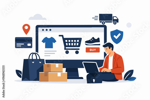 Online shopping and e-commerce concept with delivery service, man buying products on website, flat vector illustration