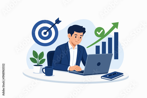 Business success and goal achievement concept with man working on laptop, growth and productivity, flat vector illustration