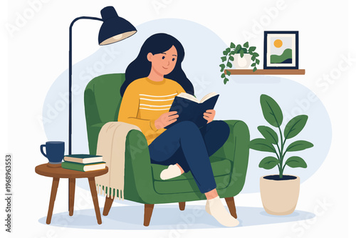 Woman reading book at home, cozy lifestyle and self development concept, flat vector illustration