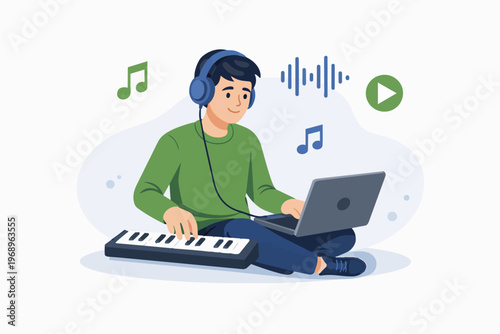 Music production and audio creation concept with man using laptop and keyboard, digital sound editing, flat vector illustration