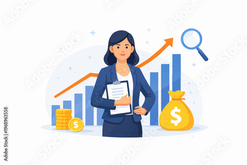 Financial growth and business success concept with woman holding clipboard, investment and profit increase, flat vector illustration