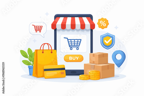 E-commerce and online shopping concept with mobile store, buy button and delivery, flat vector illustration