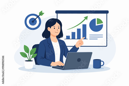 Business growth presentation concept with woman analyzing charts, data analytics and performance report, flat vector illustration