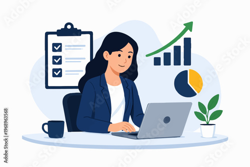 Business analytics and performance growth concept with woman working on laptop, data analysis and statistics, flat vector illustration