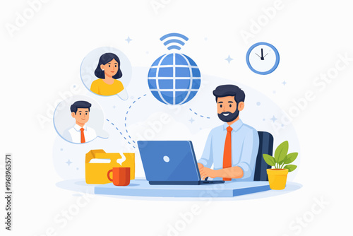 Online communication and remote teamwork concept with global connection, man working on laptop, flat vector illustration