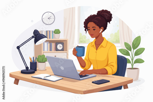 Woman working from home office with laptop and coffee, remote work lifestyle and productivity concept, flat vector illustration