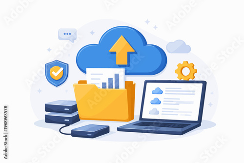 Cloud storage and data backup concept with laptop and external drives, file management and upload, flat vector illustration