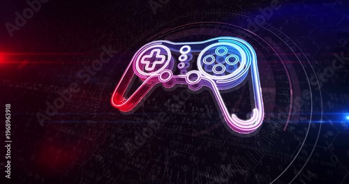 Gaming pad esports cyber 3d symbol. Digital neon icon concept abstract seamless and looped animation.