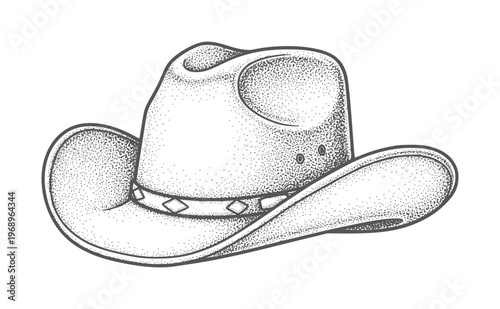Black and white dotted cowboy hat with wide brim and decorative band
