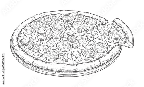 Black and white line of a sliced pepperoni pizza with one slice removed