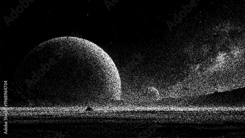 Glowing planet in deep space with starry galaxy background. Abstract dotted universe illustration. Stippled celestial landscape for wallpaper design. Science and cosmos exploration concept.