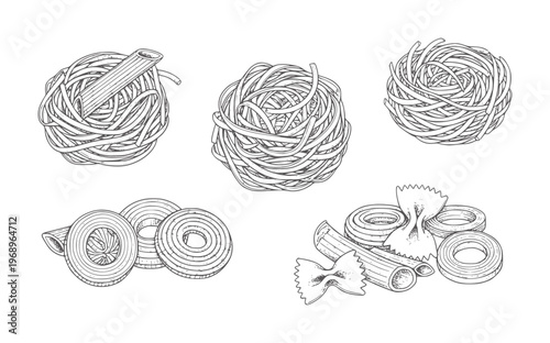 Black and white line of pasta shapes and nests with a whisk spaghetti