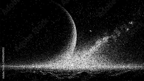 Space background with planet and galaxy represented by stardust particles. Abstract cosmic wallpaper with nebula and star dust. Monochrome vector illustration for science design.