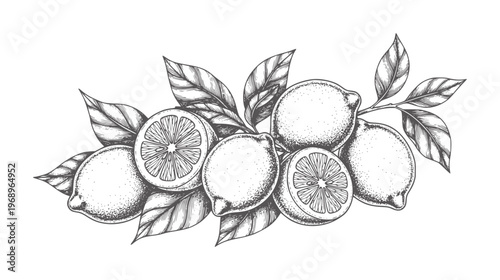 Black and white of lemons a branch with leaves fruit