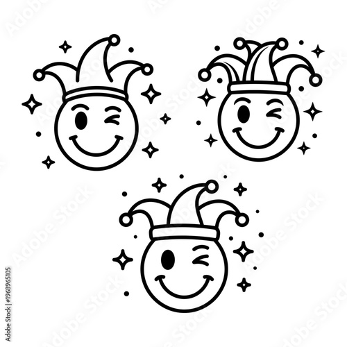 Jester Face Icon Set Black and White Cartoon Collection

